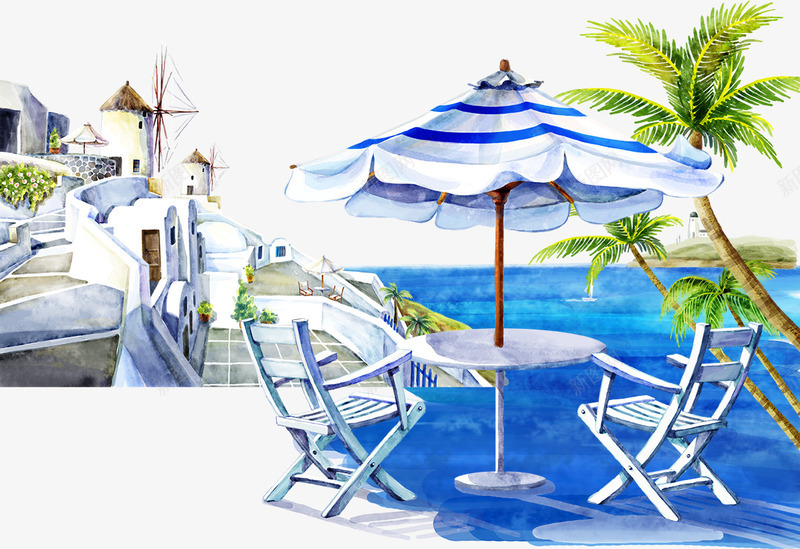 海滩座椅和伞psd免抠素材_新图网 https://ixintu.com 伞 卡通风景 座椅 椅子 海水 海滩座椅 蓝色水 风景素材