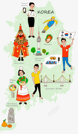 手绘旅游地图韩国卡通手绘地图高清图片