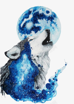 蓝色车头月亮下的狼高清图片
