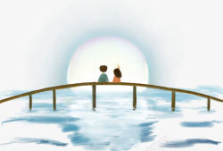 卡通手绘坐在桥上的情侣素材