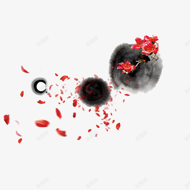 墨画上的花瓣psd免抠素材_新图网 https://ixintu.com 圆形墨染 漂浮的花瓣 红色花瓣 花朵 黑色墨染