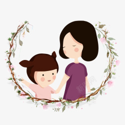 母与女手绘花环装饰母亲节插画高清图片