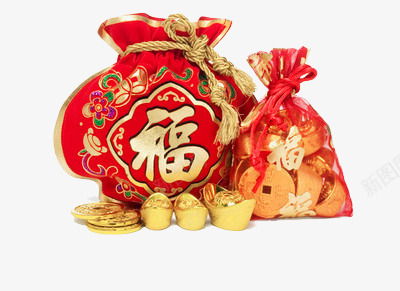 红色福袋png免抠素材_新图网 https://ixintu.com 新年 福字 金元宝