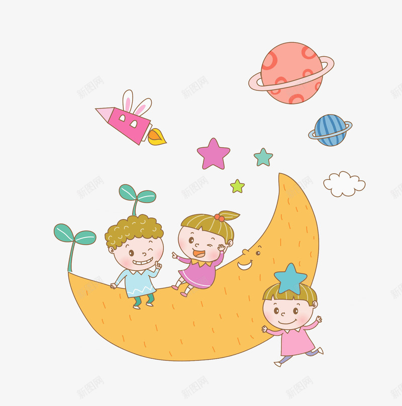 月亮上的孩子场景图png免抠素材_新图网 https://ixintu.com 卡通 可爱的 孩子 小草 星星 星球 月亮 月牙 玩耍的 飞船