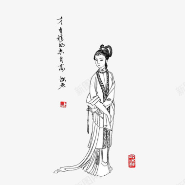 手绘中国风美女贾探春红楼梦插画图标图标