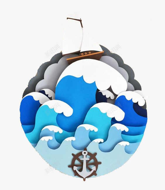 海浪中的船png免抠素材_新图网 https://ixintu.com 创意 拼贴画 自然 蓝色