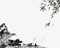 中国风小舟水墨山水墙绘高清图片