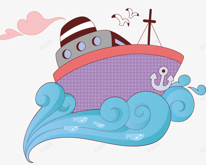 海浪上的船png免抠素材_新图网 https://ixintu.com 卡通 手绘 插画 海浪 船