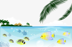 卡通手绘海景鱼群椰树小岛矢量图素材