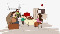 家庭投影电视看电视春节团结家庭回家高清图片