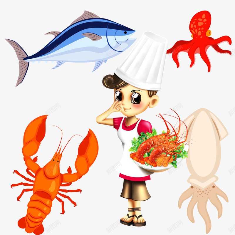 厨师和食材png免抠素材_新图网 https://ixintu.com 厨师 墨鱼 海鱼 海鲜 章鱼 龙虾