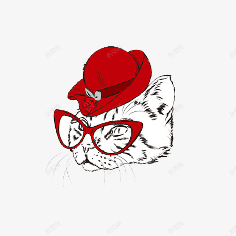 带着红帽子的猫png免抠素材_新图网 https://ixintu.com 带花纹 戴眼镜的猫 猫头 玫瑰 白猫 红帽子 红眼镜 长胡须
