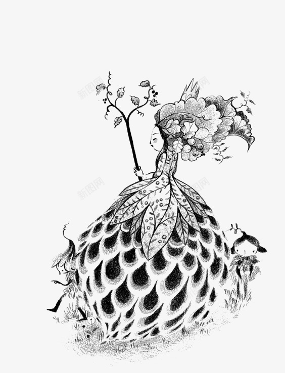 花朵少女png免抠素材_新图网 https://ixintu.com 卡通 女孩 手绘 插画 树枝 植物 花卉