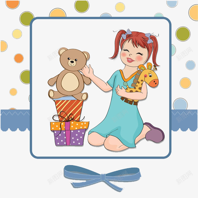 喜爱玩偶的女孩png免抠素材_新图网 https://ixintu.com 卡通手绘 可爱画风 小熊 惊喜的表情 礼物 装饰 长颈鹿