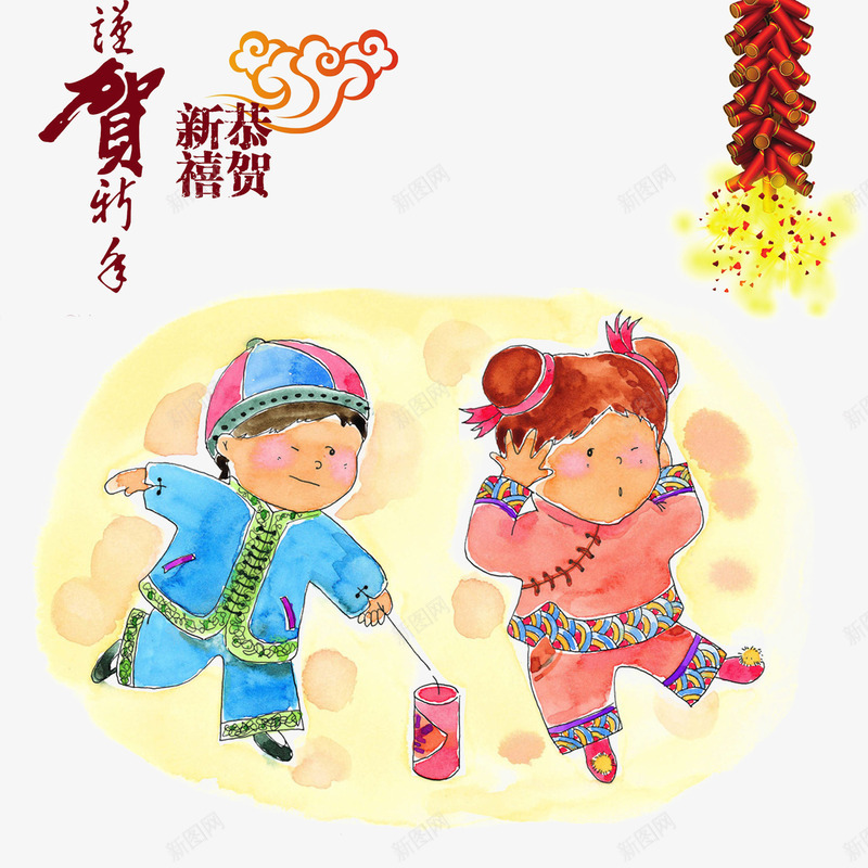 恭贺新禧png免抠素材_新图网 https://ixintu.com 中国娃娃 中国年 传统文化 波浪花纹 鞭炮