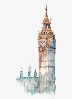 英国水彩城市大本钟水彩插画高清图片