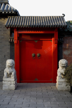 古代红门狮子石墩仿古大红门高清图片