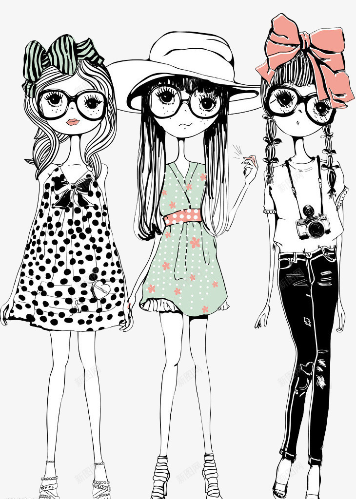三个时尚女孩png免抠素材_新图网 https://ixintu.com 三个女孩 三姐妹 少女 手绘 时尚女孩