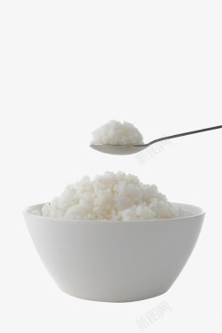 白色勺子一碗白色大米蒸饭高清图片