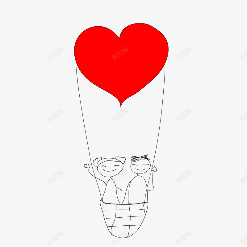 简笔画坐在热气球中的情侣png免抠素材_新图网 https://ixintu.com 卡通简笔画 心形热气球 情人节装饰 情侣 红色心形