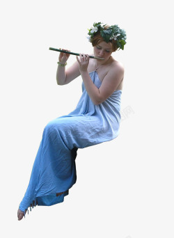 戴花环的女人侧坐吹笛子的女人高清图片