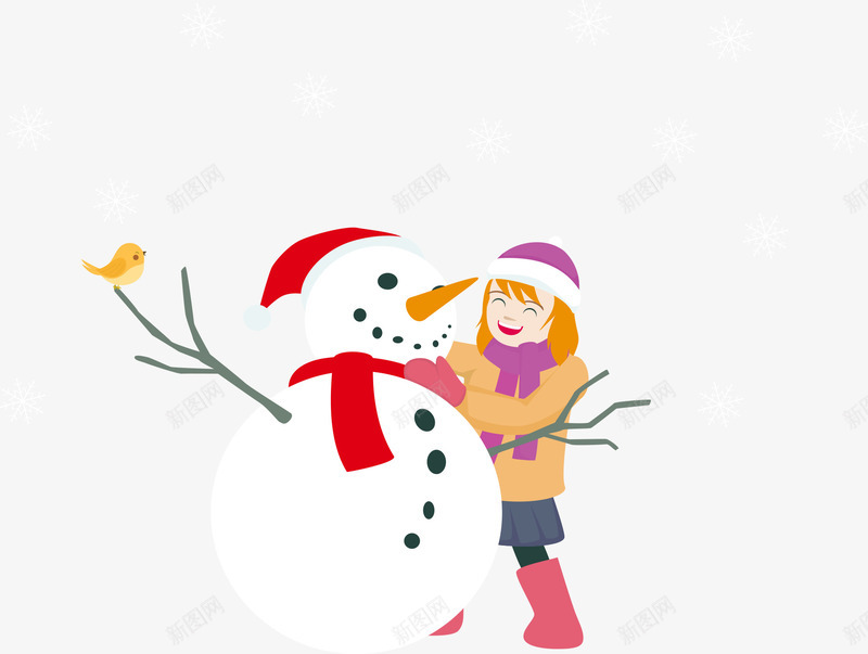 卡通女孩堆雪人png免抠素材_新图网 https://ixintu.com 冬天 冬季 卡通圣诞 圣诞节 圣诞节素材 圣诞雪人 堆雪人 小鸟 矢量圣诞