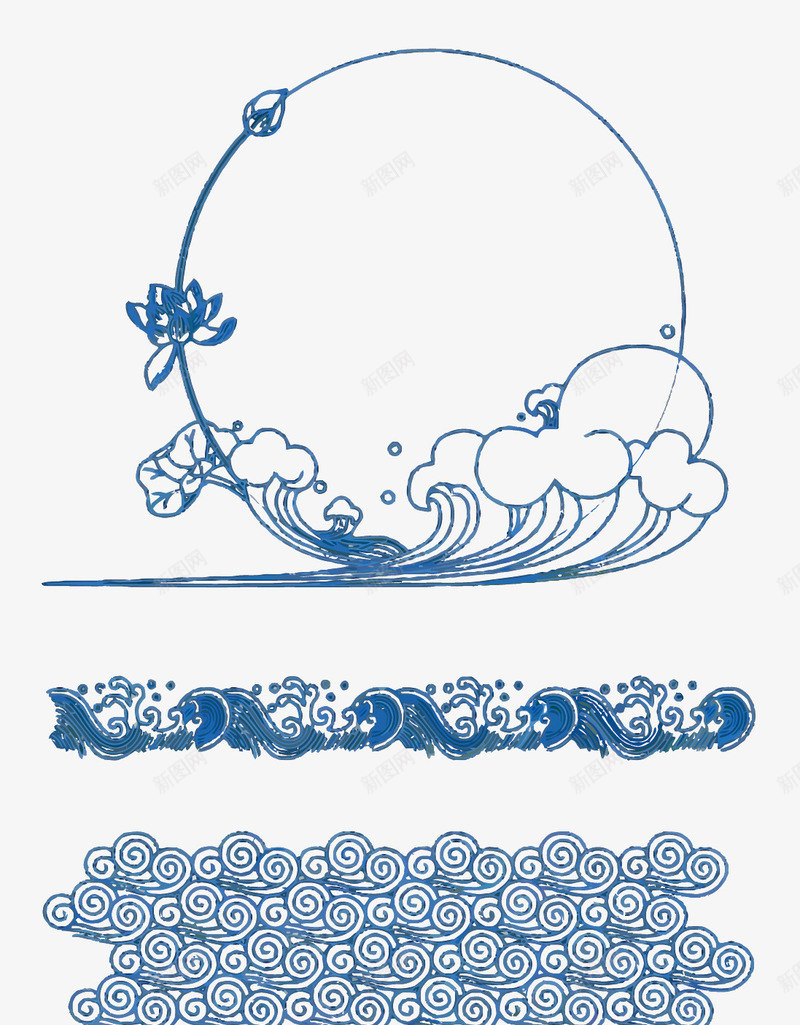 海浪图标png_新图网 https://ixintu.com 分割线 卷起的海浪 圆形海浪边框 抽象海浪素材 海浪 海浪形状 矢量边框 蓝色 装饰花纹