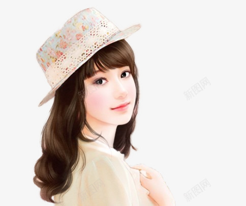 戴帽子的卷发少女手绘png免抠素材_新图网 https://ixintu.com 少女 帽子