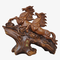 木雕动物双马奔腾高清图片