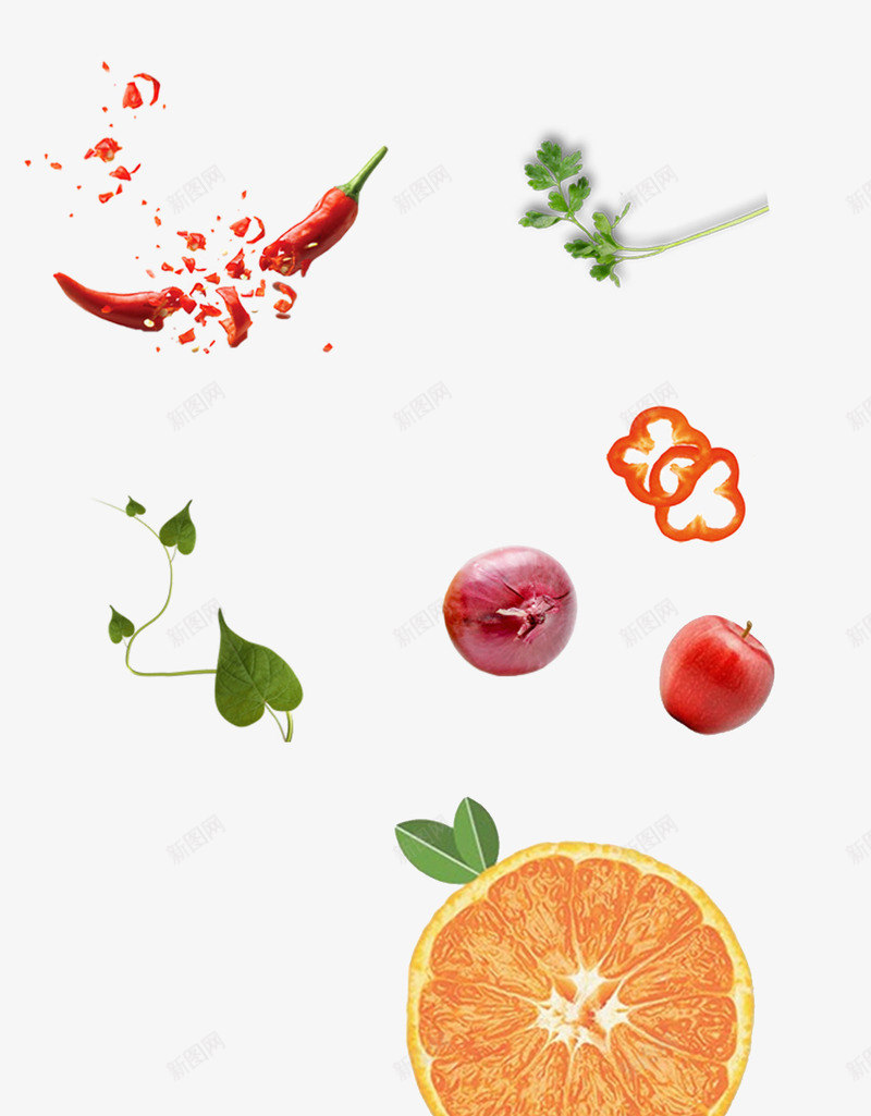 新鲜蔬果png免抠素材_新图网 https://ixintu.com 彩椒圈 橙子 洋葱 碎裂的红辣椒 苹果