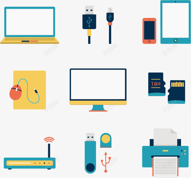 卡通数码矢量图ai免抠素材_新图网 https://ixintu.com U盘 内存卡 彩色卡通 手机 打印机 数据线 数码产品 无线路由器 显示器 电子产品 笔记本电脑 鼠标 矢量图