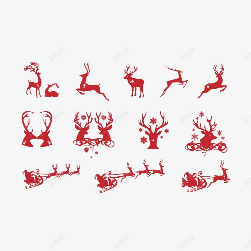 红色圣诞图案元素png免抠素材_新图网 https://ixintu.com 圣诞图案元素 梅花鹿 红色 雪橇车 麋鹿车