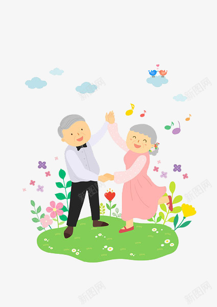 卡通花园跳舞的老人png免抠素材_新图网 https://ixintu.com 卡通 老人跳舞 舞蹈的老人家 花园跳舞的老人 花朵 草地上的人物 音乐