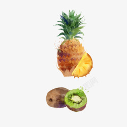 菠萝猕猴桃手绘水彩水果素材