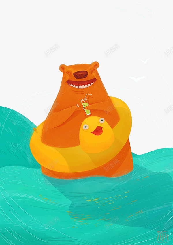 卡通动物熊png免抠素材_新图网 https://ixintu.com 动物 卡通 开心小熊 手绘 插画 熊 绿色湖水 黄色鸭子泳圈