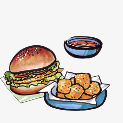 免扣番茄汤汉堡包快餐组合手绘画高清图片