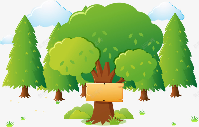 手绘树林png免抠素材_新图网 https://ixintu.com 卡通 手绘 挂着木板的树 树林 绿色 装饰