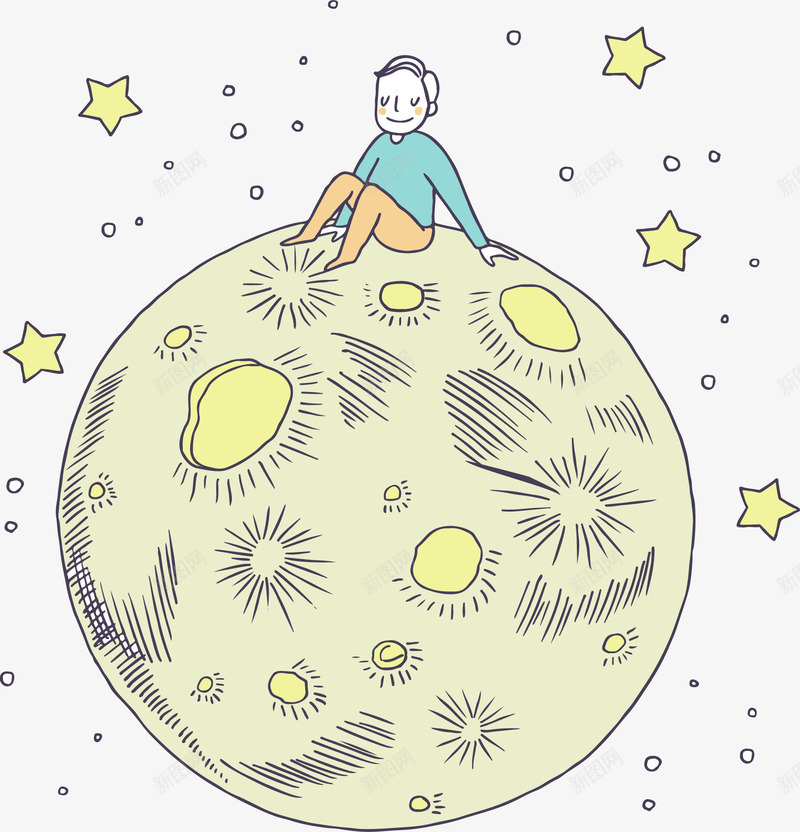 彩绘坐在月球上的男子矢量图ai免抠素材_新图网 https://ixintu.com 太空 小王子 彩绘 星星 月球 球体 男子 童话 矢量图