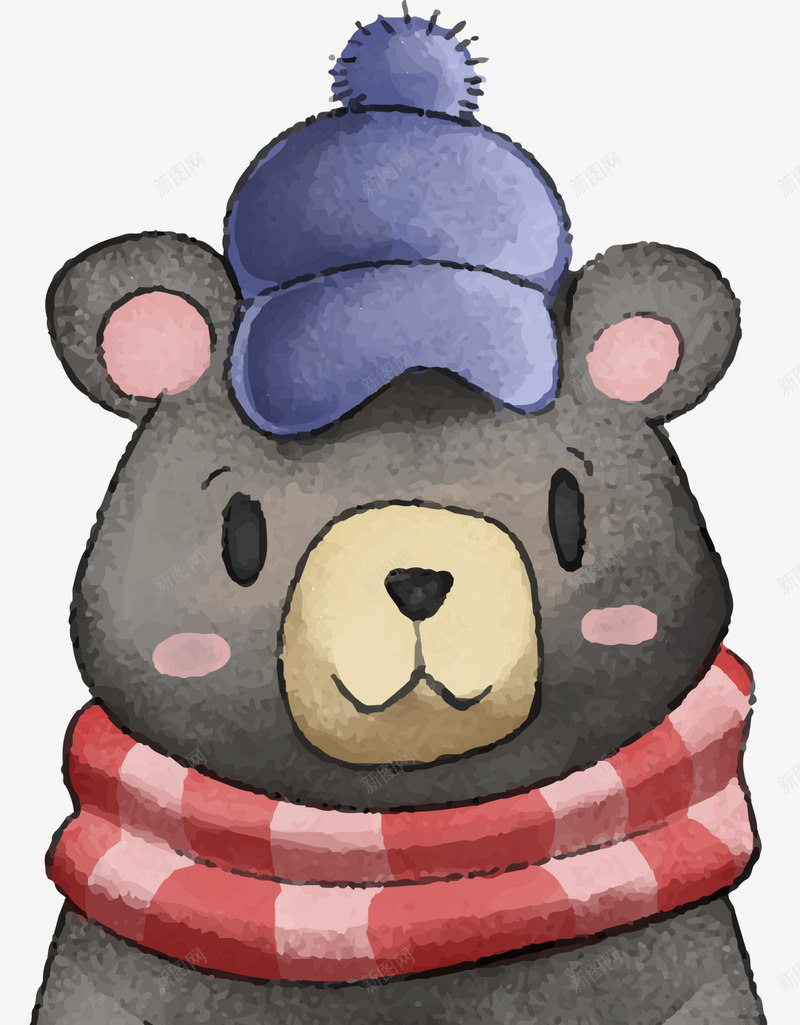 水彩动物黑色小熊png免抠素材_新图网 https://ixintu.com 可爱小熊 开心 手绘小熊 水彩动物 蓝色帽子 黑色小熊