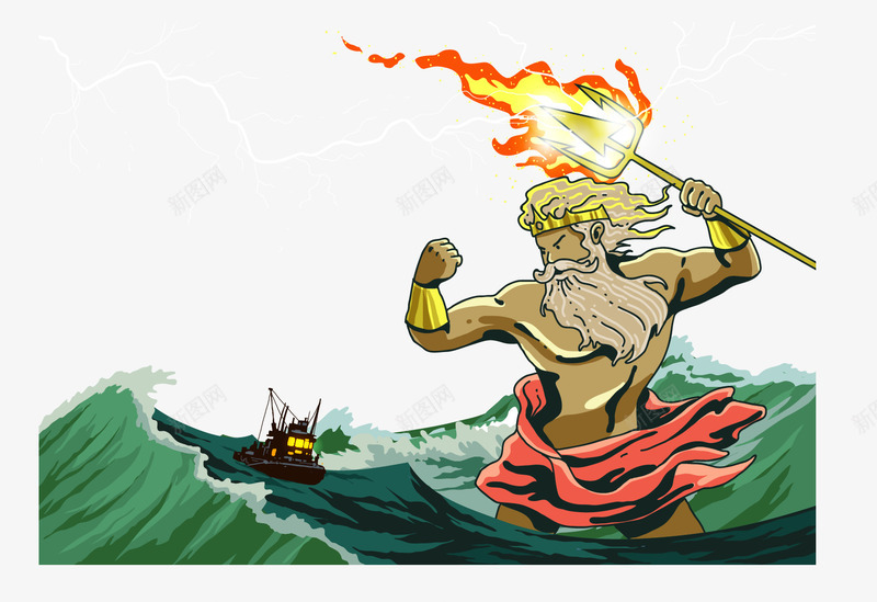 海上的神png免抠素材_新图网 https://ixintu.com 卡通宙斯 宙斯 汪洋大海 海浪 渔船 父神 神话