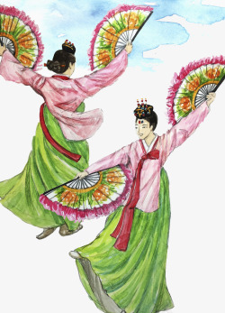 手绘水彩韩国少女跳舞素材