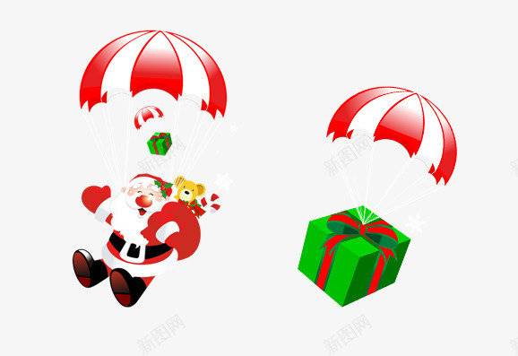 圣诞节装饰png免抠素材_新图网 https://ixintu.com 圣诞老人 礼物 送礼物 降落伞 飘带