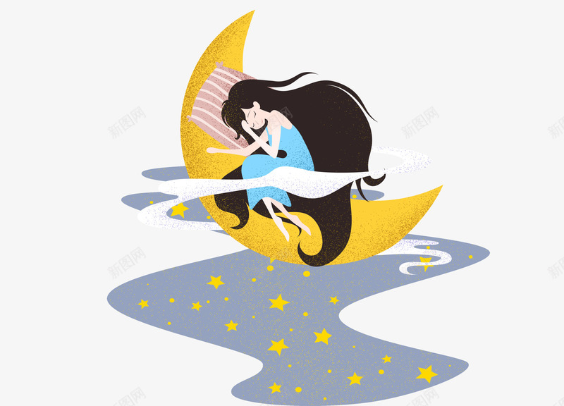 坐在月亮上的少女png免抠素材_新图网 https://ixintu.com 女孩 抽象 星星 月亮 紫色 美女 蓝色 长发 黄色