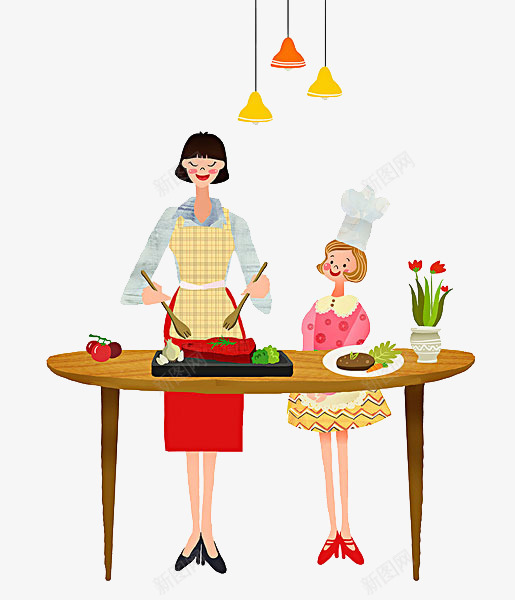 母女合作png免抠素材_新图网 https://ixintu.com 卡通手绘 厨房 厨房台 工具 操作台 橱柜 洗手台 牛排