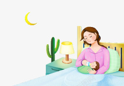 睡觉的宝宝一个在夜晚喂奶的母亲高清图片