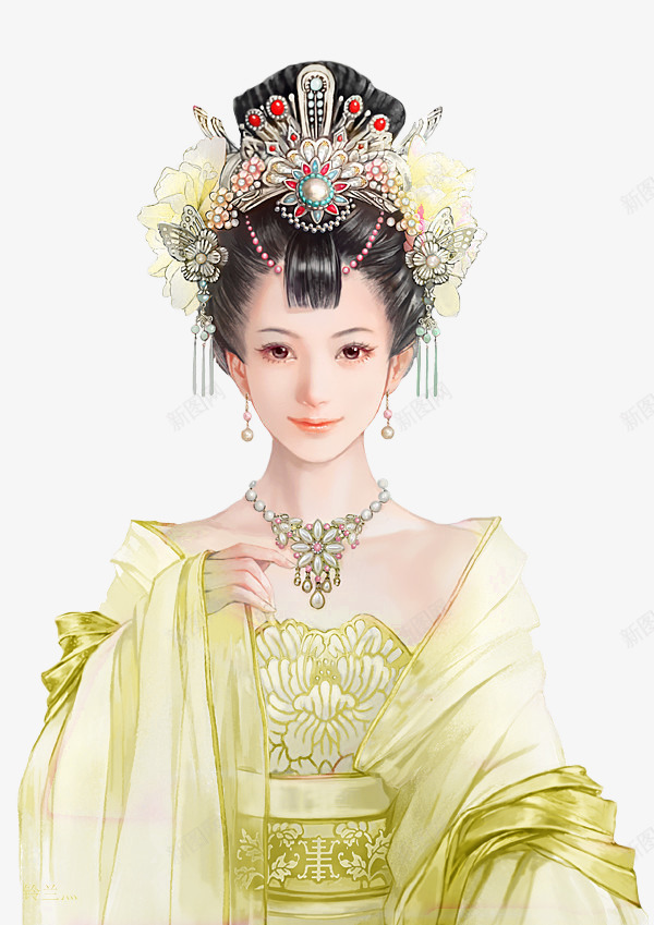 黄色华贵美女古风手绘png免抠素材_新图网 https://ixintu.com 华贵 古风 美女 黄色