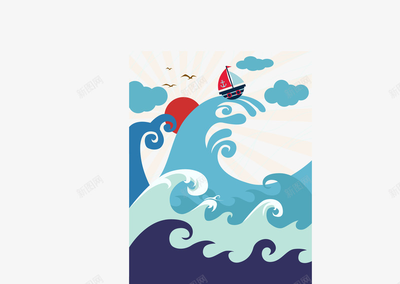 海上帆船图标png_新图网 https://ixintu.com 创意 图标 小鸟飞翔 帆船 日落 浪花 海浪
