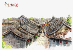 云南城市古城手绘建筑高清图片