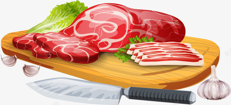 木板上的肉png免抠素材_新图网 https://ixintu.com 刀具 大蒜 排骨 木板 猪肉