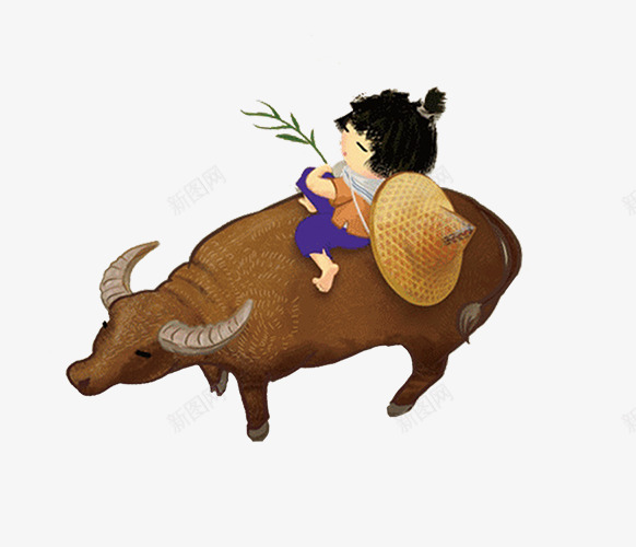 卡通手绘牛背上的牧童png免抠素材_新图网 https://ixintu.com 中国风 卡通 手绘 放牛 水牛 清明节 牧童